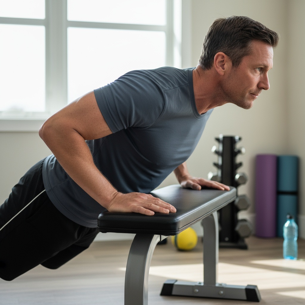 Man in his 40s demonstrating proper elevated push-up form with hands on bench reducing shoulder stress