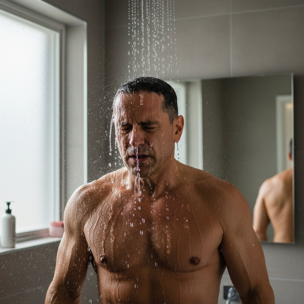 Man in his 40s taking a cold shower with determined expression showing voluntary hardship and building mental toughness