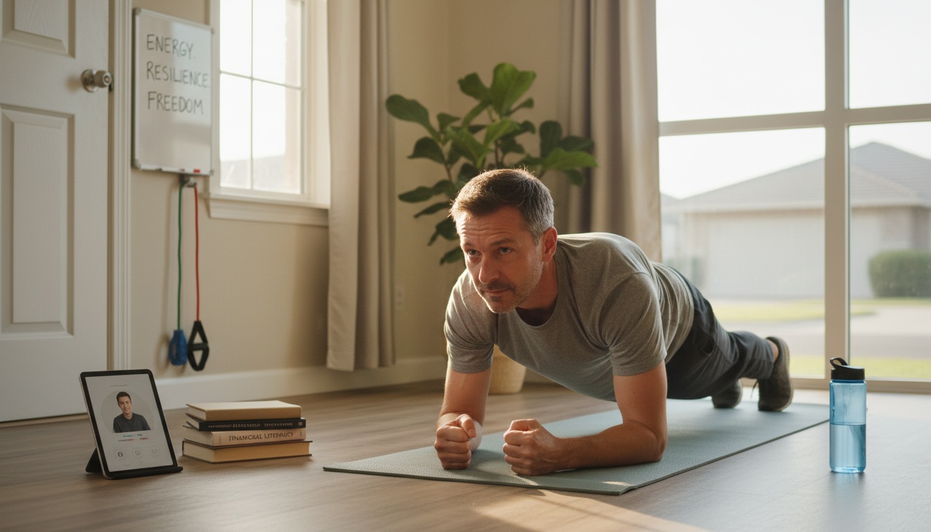 Confident man in his 40s starting his fitness journey at home with workout equipment and morning light