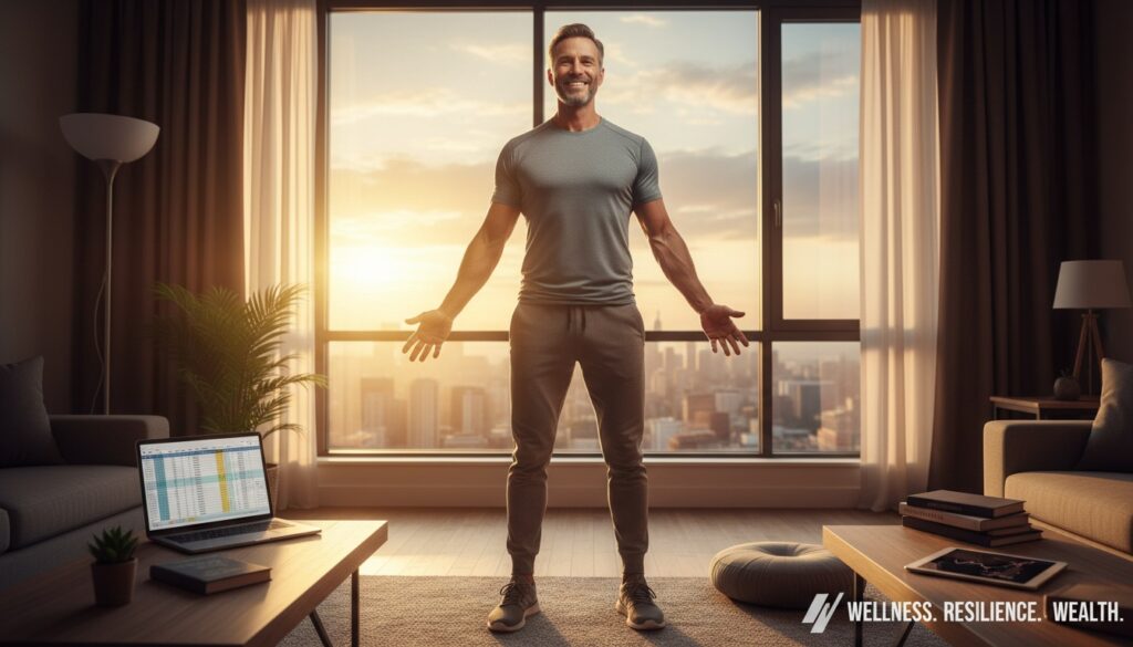 Confident man in his 40s standing empowered after mastering his physical, mental, and financial energy with visible signs of transformation