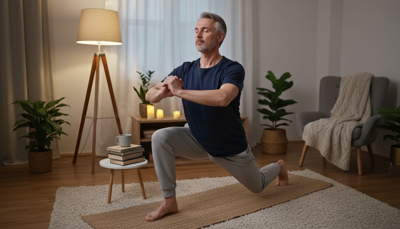 Man in his 40s doing gentle evening stretches on yoga mat in dimly lit living room for better sleep quality