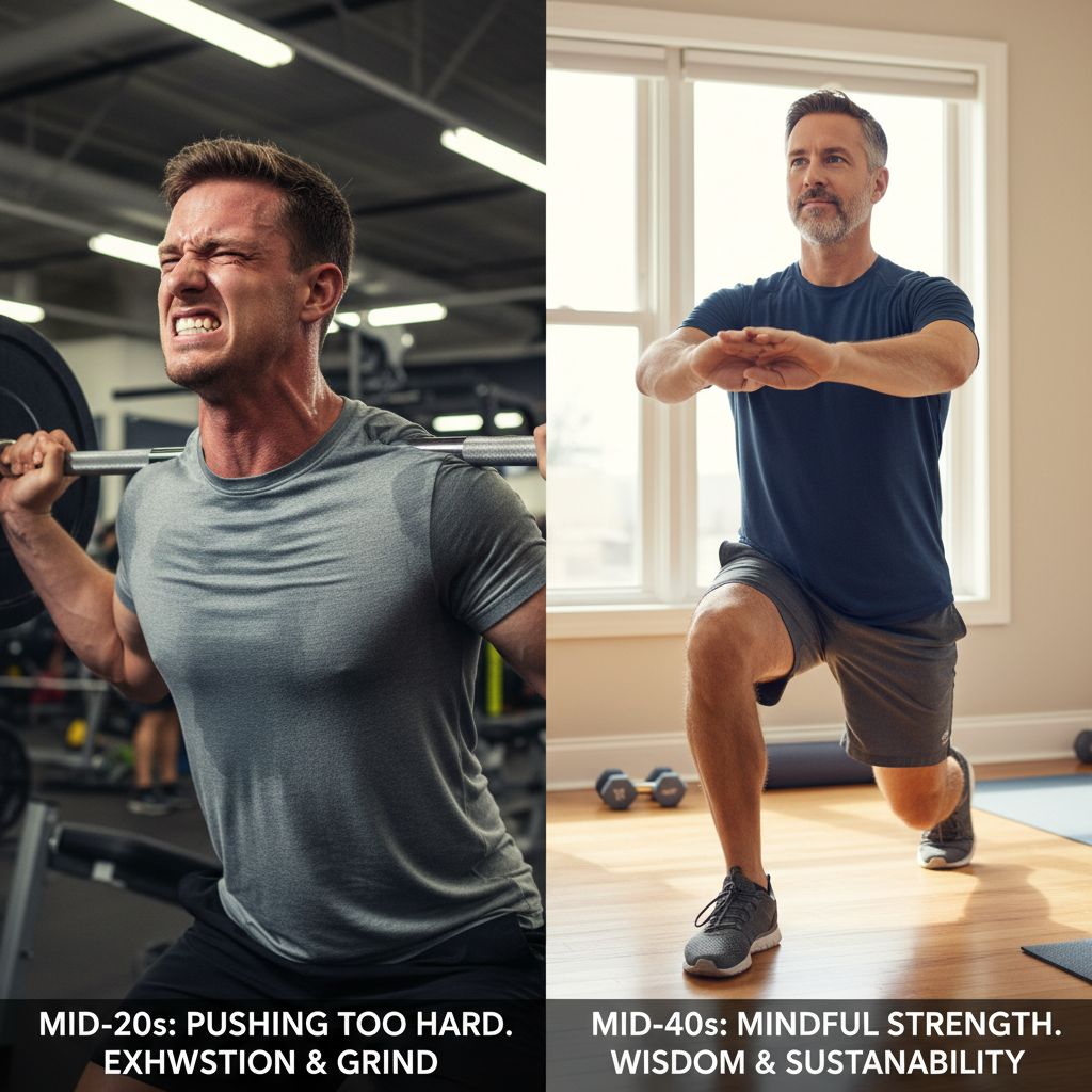Comparison showing man's fitness approach in his 20s versus 40s emphasizing smarter sustainable training