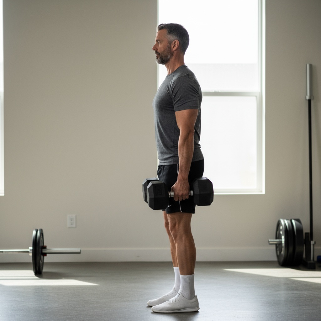 Man in his 40s demonstrating proper farmer's carry form walking with dumbbells at sides with upright posture