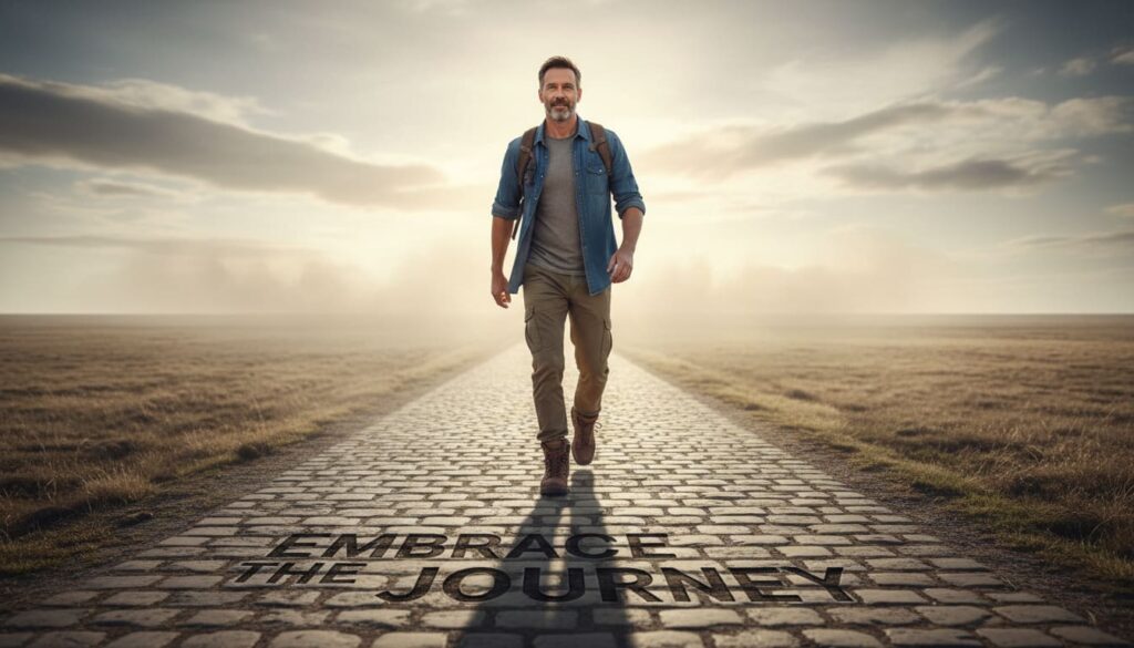 Man in his 40s walking forward with determination and confidence on a clear path toward growth and change