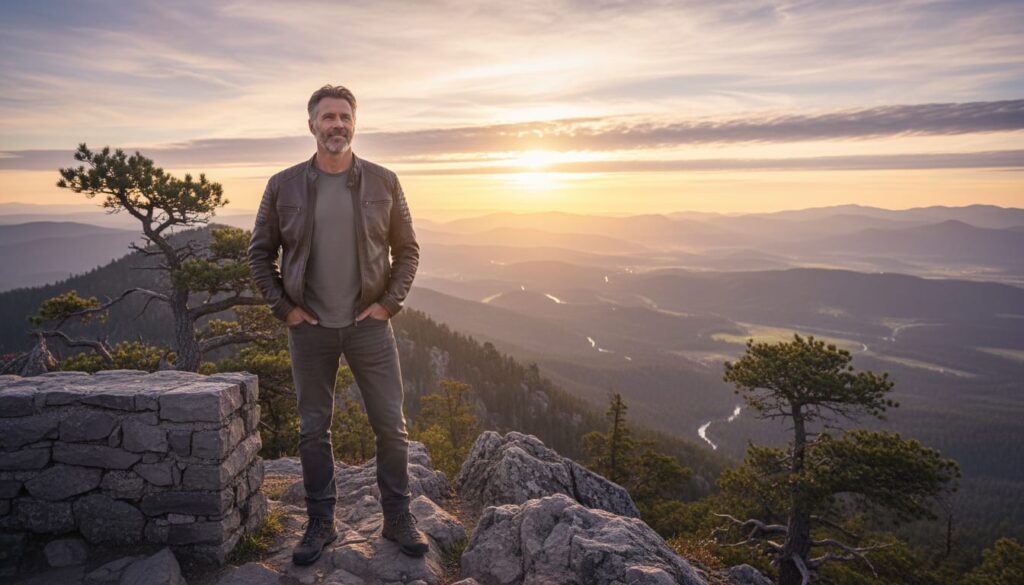 Confident man in his 40s standing at overlook at sunrise facing a bright future with empowerment and peace