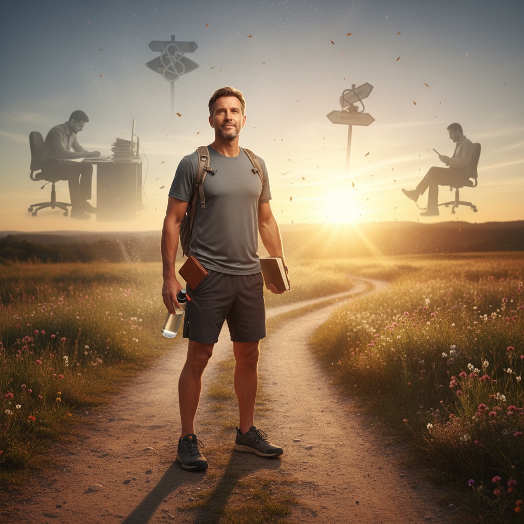 Confident man in his 40s standing at the start of a bright path forward, carrying symbols of fitness, mental clarity, and financial planning, with sunrise representing new beginnings and his best decades ahead