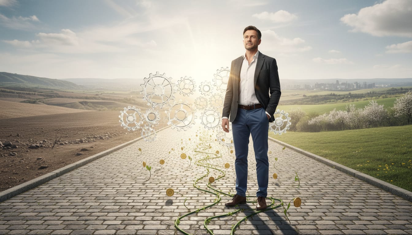 Man in his 40s standing confidently looking toward the future, representing financial transformation through mental resilience and intentional choices