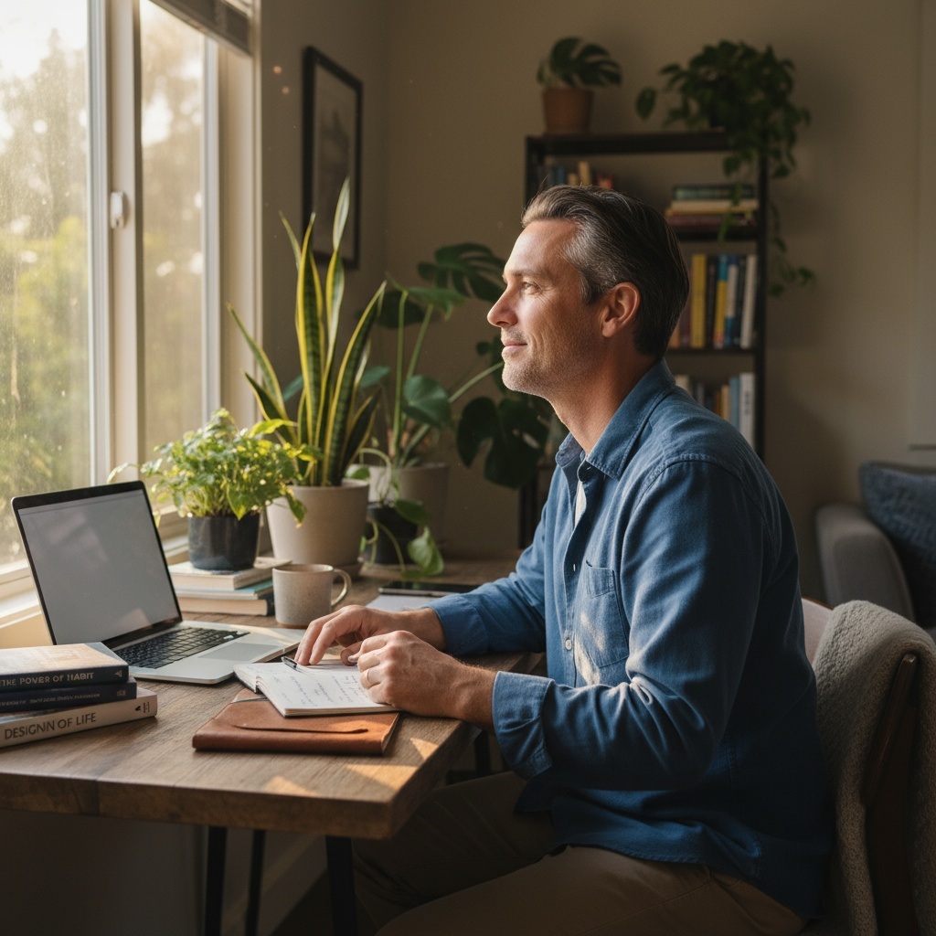 Man in his 40s planning career change at home desk with laptop and journal, contemplating finding purpose and following dreams