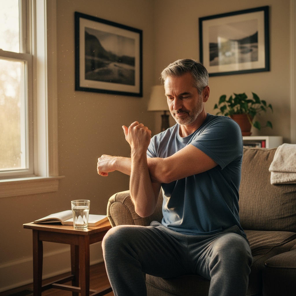 Man over 40 stretching mindfully at home showing patience and body awareness for fitness beginners