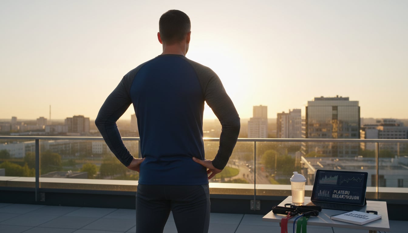 Confident determined man over 40 ready to break through fitness plateau with empowered stance in home gym