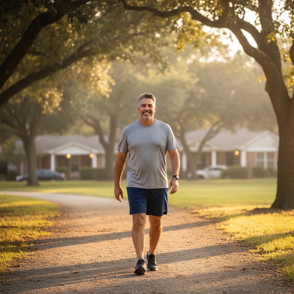 Man over 40 walking confidently on his fitness journey with determination and hope