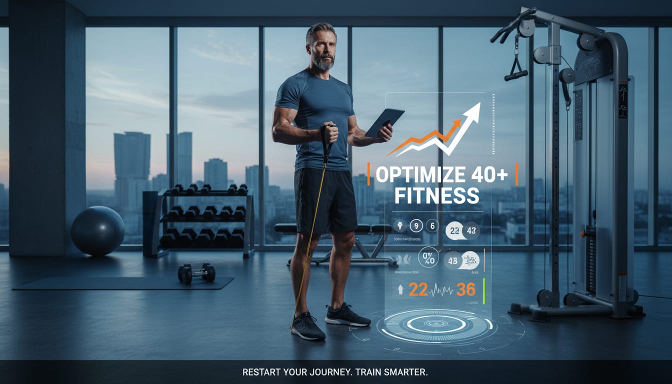 Man over 40 breaking through fitness plateau with dumbbells in home gym showing determination and motivation