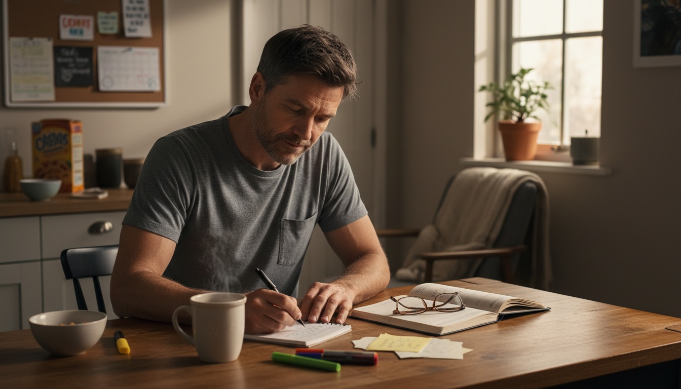 Man in his 40s building foundation habits with morning routine including journaling coffee and planning at kitchen table