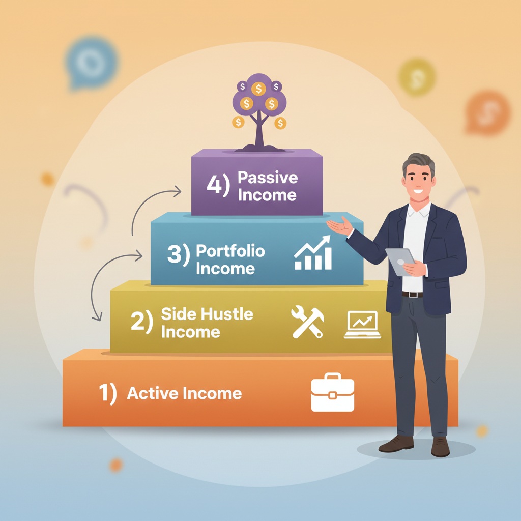 Four-stream income framework showing active income, side hustle, portfolio income, and passive income building blocks