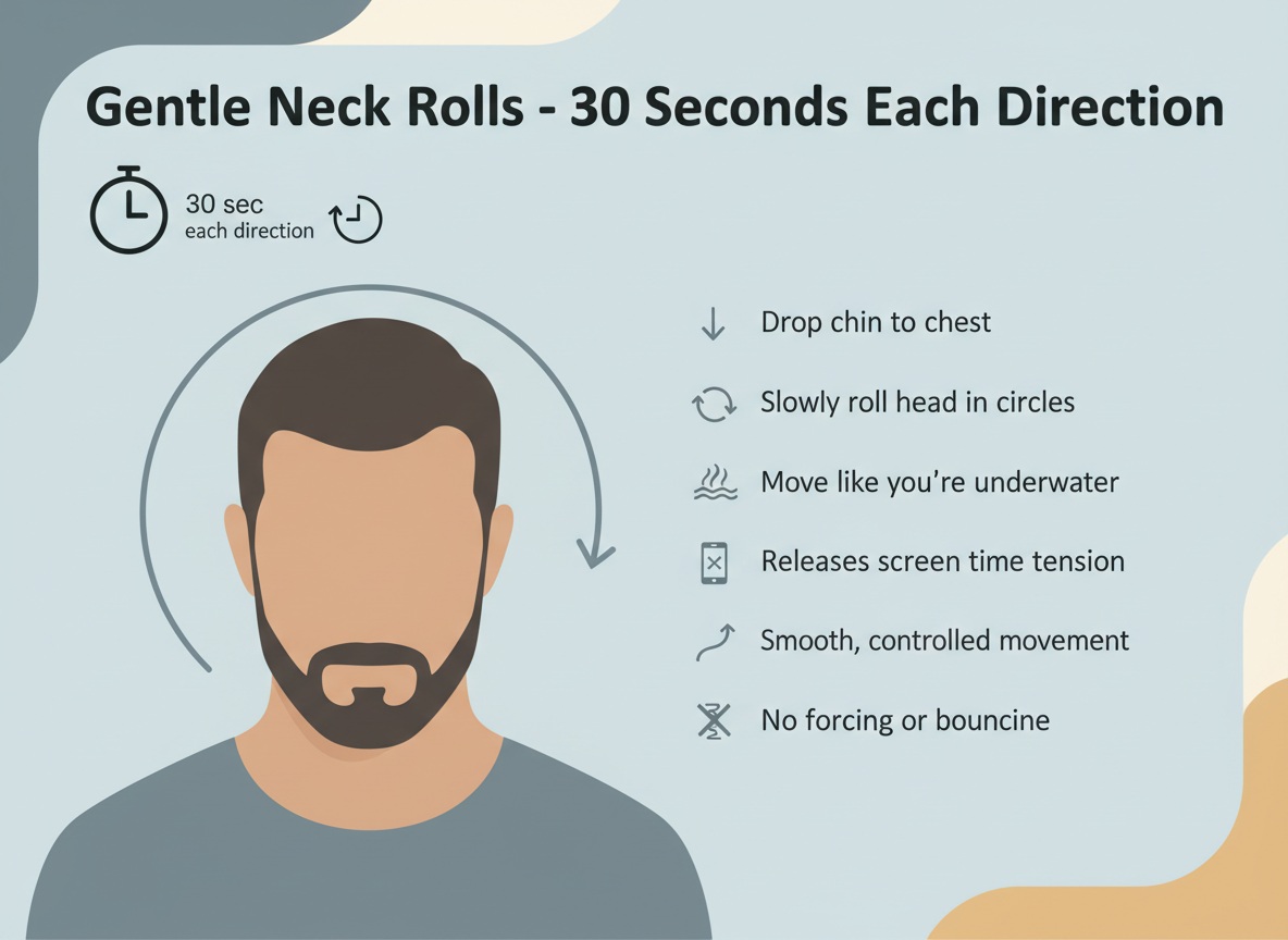 Gentle neck rolls exercise infographic showing head rolling motion with proper form and timing