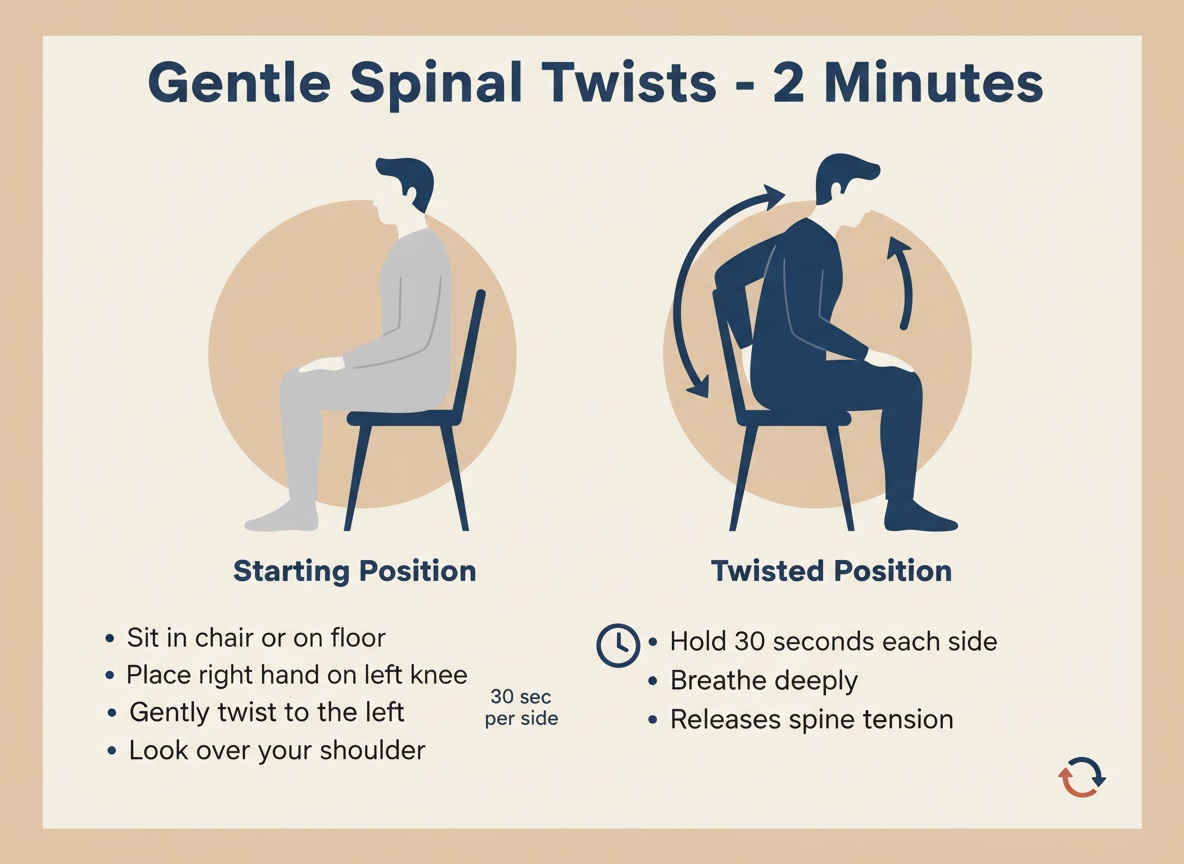 Gentle spinal twists exercise infographic showing seated twist movement with directional arrows and timing