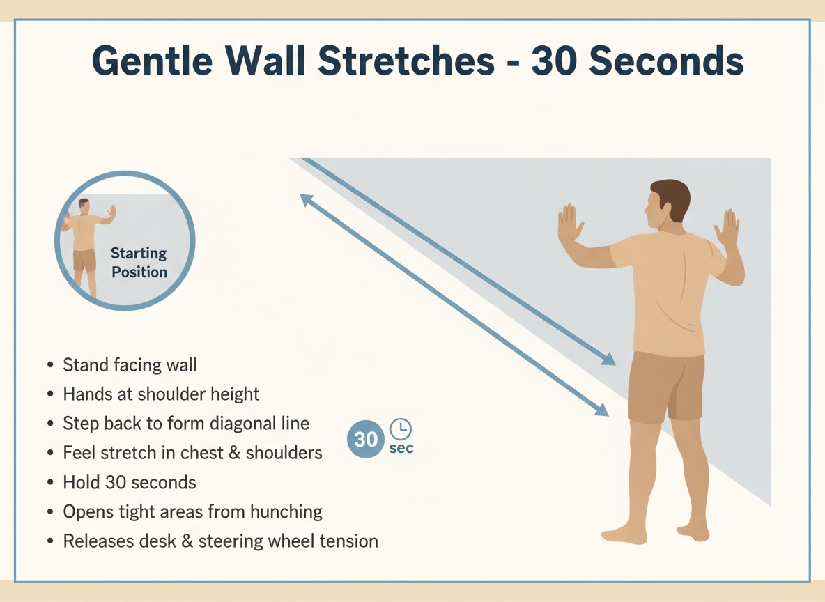 Gentle wall stretches exercise infographic showing diagonal body position with hands on wall at shoulder height