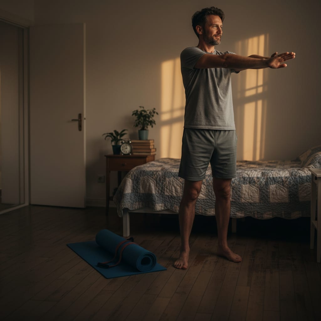 Man in his 40s ready to start evening movement routine with checklist and yoga mat in bedroom