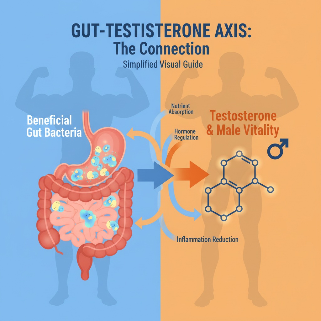 Visual diagram showing how gut bacteria and microbiome affects testosterone production in men