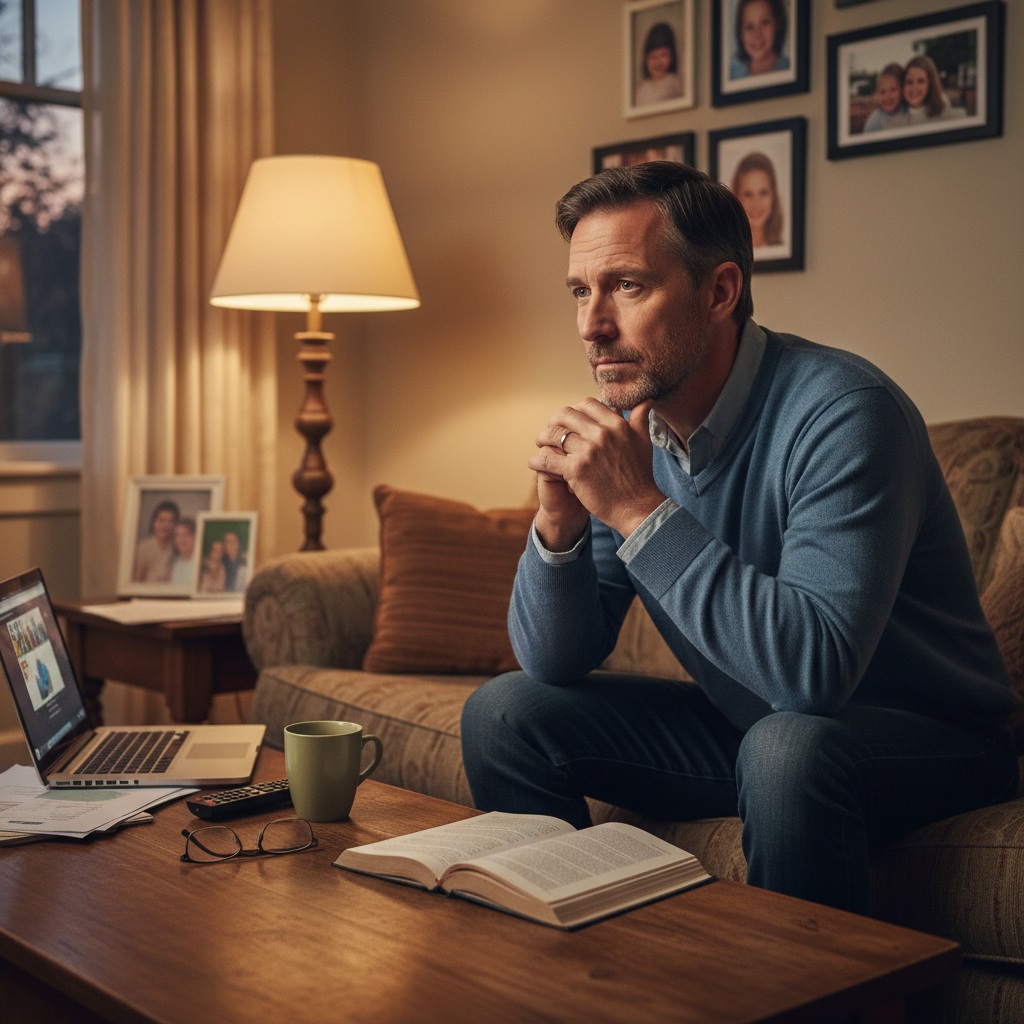 Man in his 40s at home reflecting on handling change in your 40s with family and career responsibilities