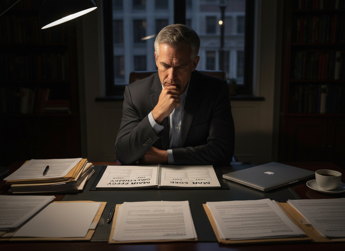 Focused man in his 40s carefully evaluating important decision with structured protocol and documents