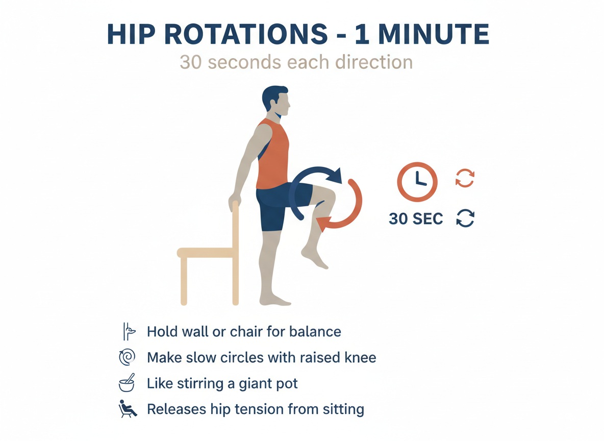 Hip rotations exercise infographic showing man holding wall for balance with circular arrows indicating knee rotation movement
