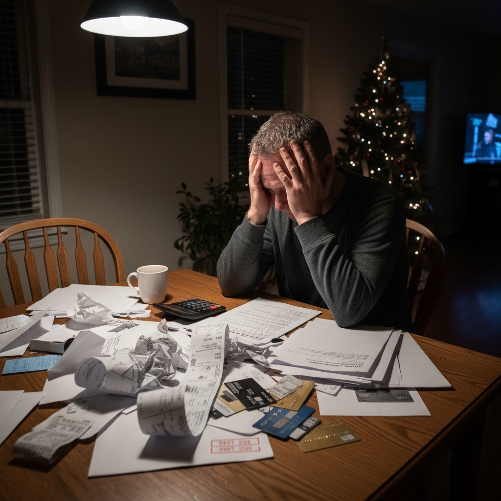 Stressed man in his 40s surrounded by credit card bills and holiday receipts showing the burden of holiday debt and overspending
