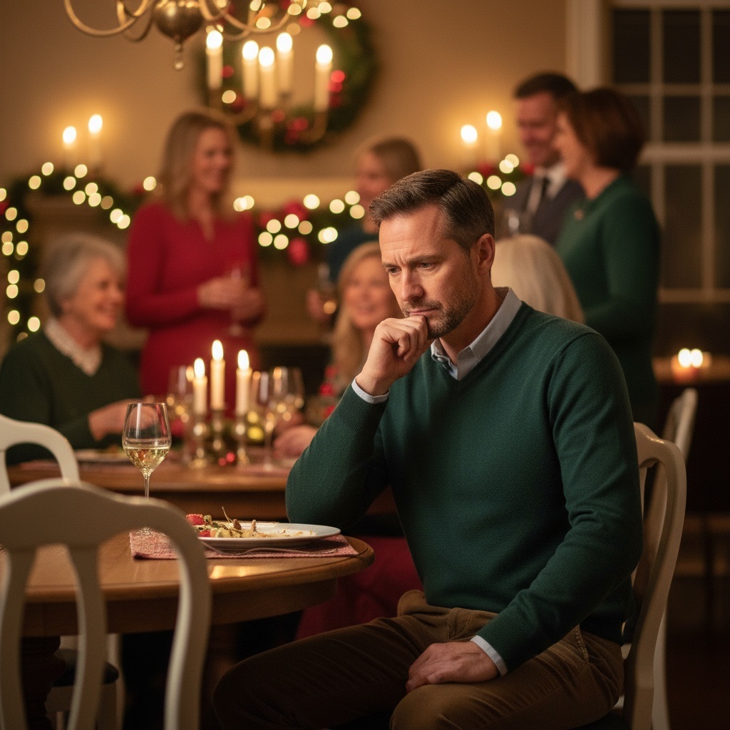 Man in his 40s practicing mindful stress management at home during the holiday season, sitting calmly with holiday decorations in background