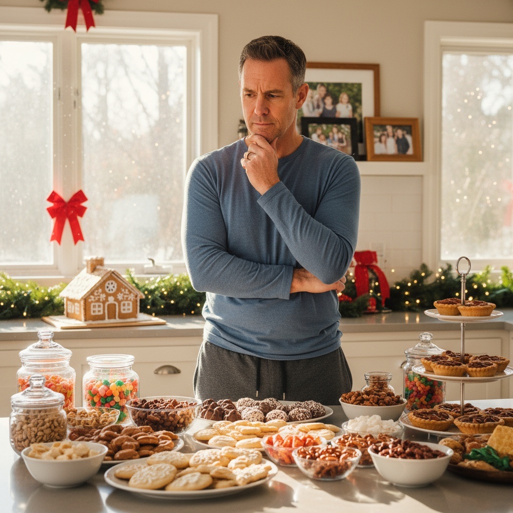 Man in his 40s facing holiday food temptations in kitchen, determined to stay on track with wellness goals