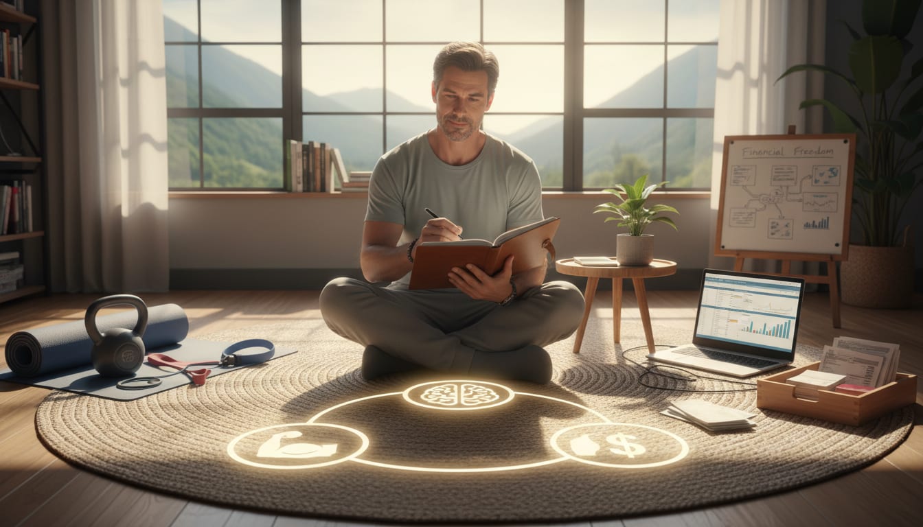 Man in his 40s at kitchen table with fitness equipment, journal, and laptop representing holistic approach to mental, physical, and financial wellness