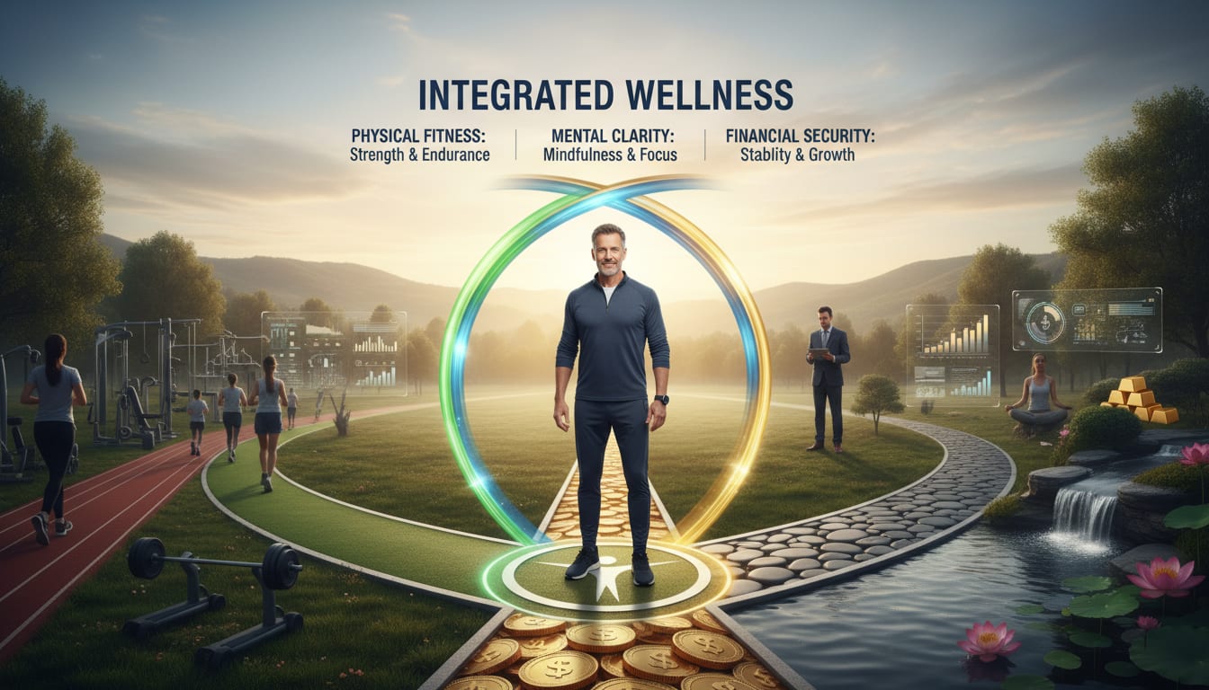 Man in his 40s standing at the intersection of three wellness pillars representing physical health, mental resilience, and financial stability in a holistic wellness approach