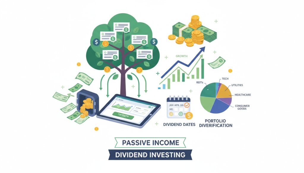 Dividend stocks and index funds showing portfolio growth, dividend payments, compound wealth building, and long-term passive income