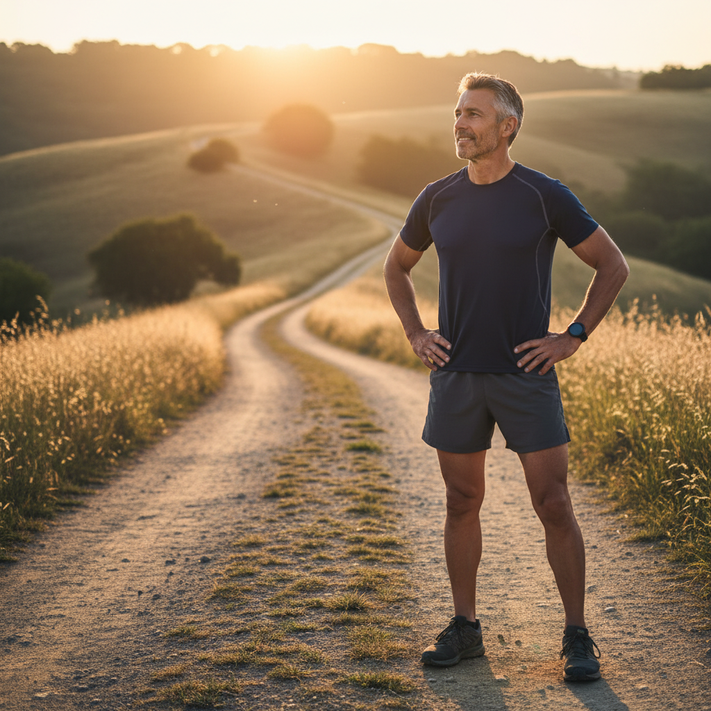 Confident man in his 40s at sunrise looking toward horizon symbolizing new beginnings and fitness transformation