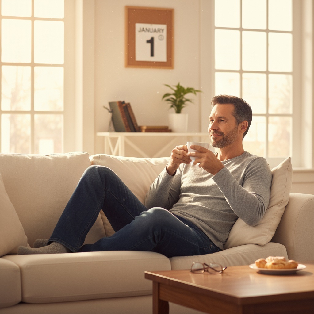 Happy man in his 40s relaxing on New Year's Day morning with coffee, enjoying financial peace and freedom from holiday debt