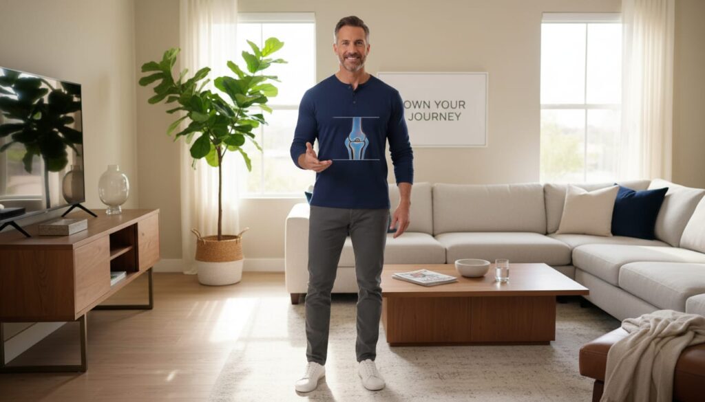 Confident middle-aged man in his 40s standing strong and ready to take control of his joint health and fitness