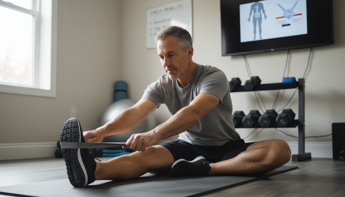 Man in his 40s doing stretching exercises for joint health prevention at home gym