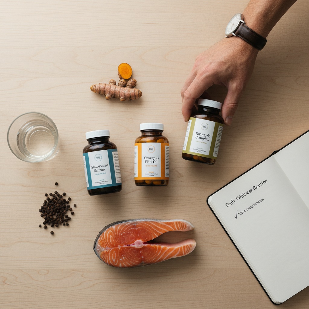 Natural joint health supplements including glucosamine, omega-3, and turmeric with fresh ingredients on wooden table