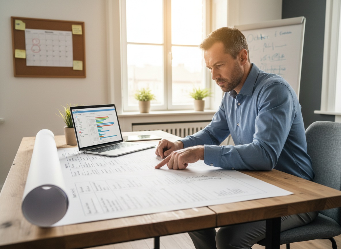 Man in his 40s reviewing detailed launch plan and implementation timeline with milestones and checkboxes for side hustle