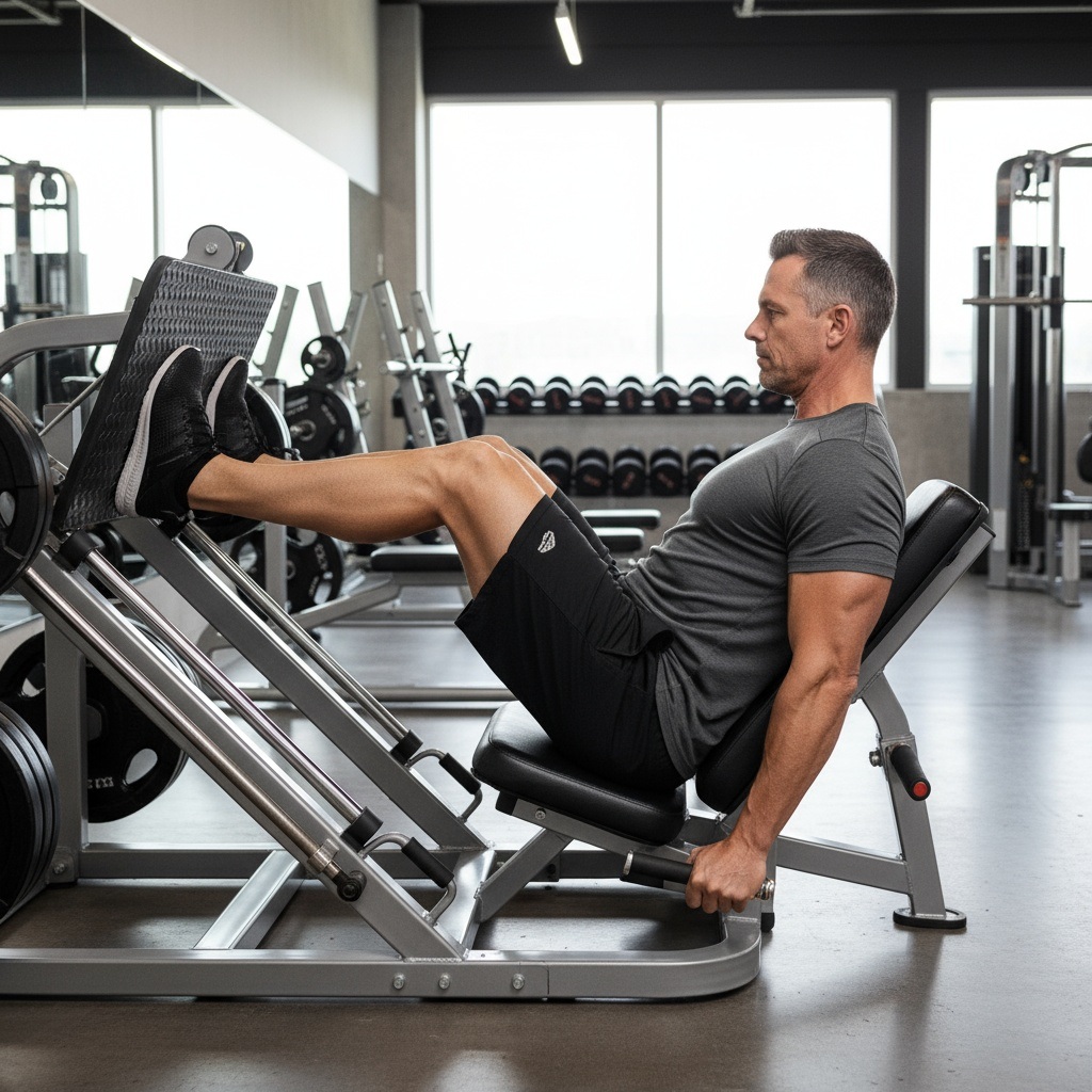 Man in his 40s demonstrating proper leg press form on machine with feet shoulder-width apart and back supported