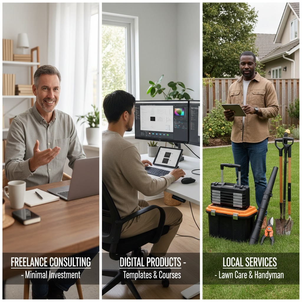 Three different side hustle options for men over 40: freelance consulting, digital product creation, and local services with varying investment levels