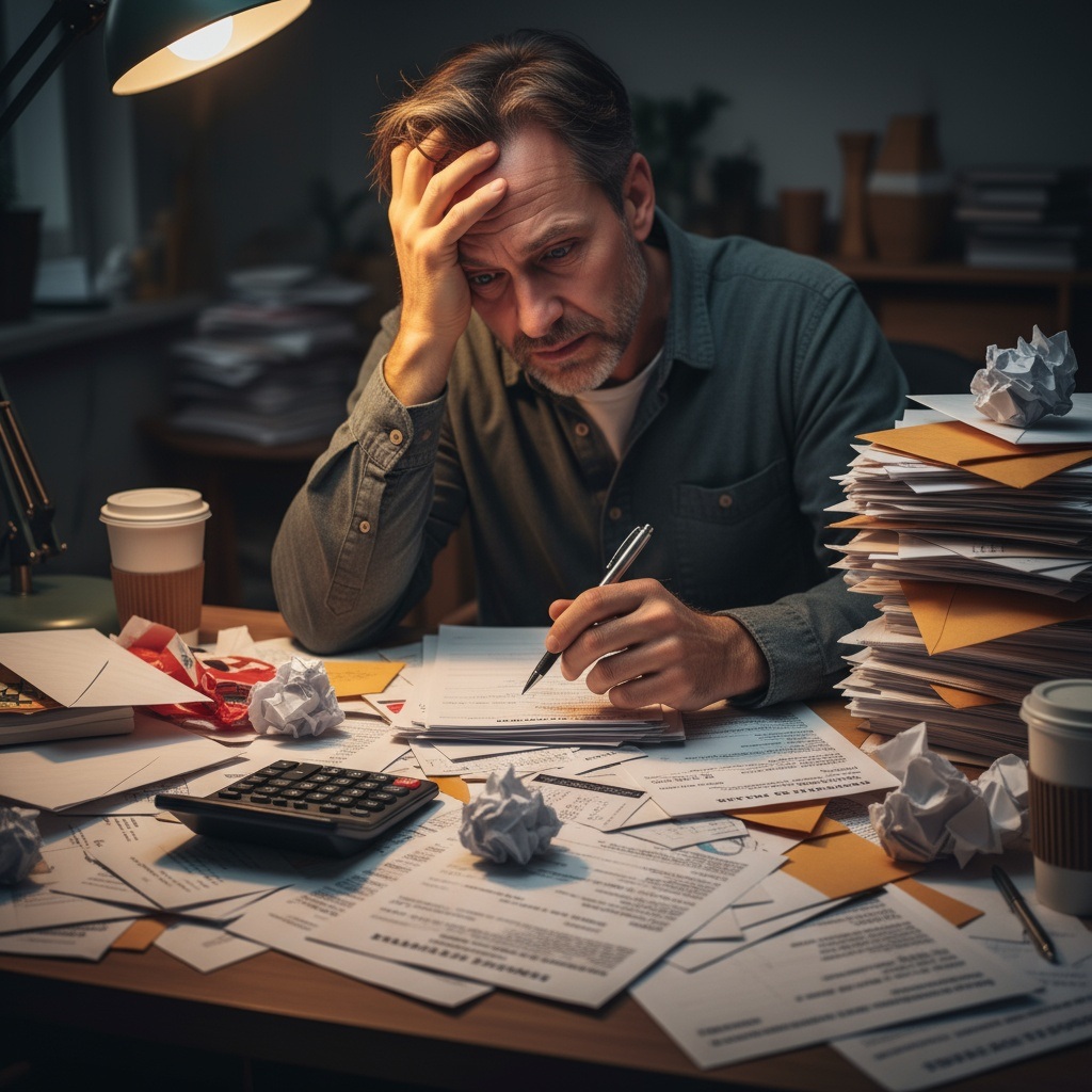 Stressed man in his 40s overwhelmed by bills and debt showing the paycheck to paycheck cycle trap