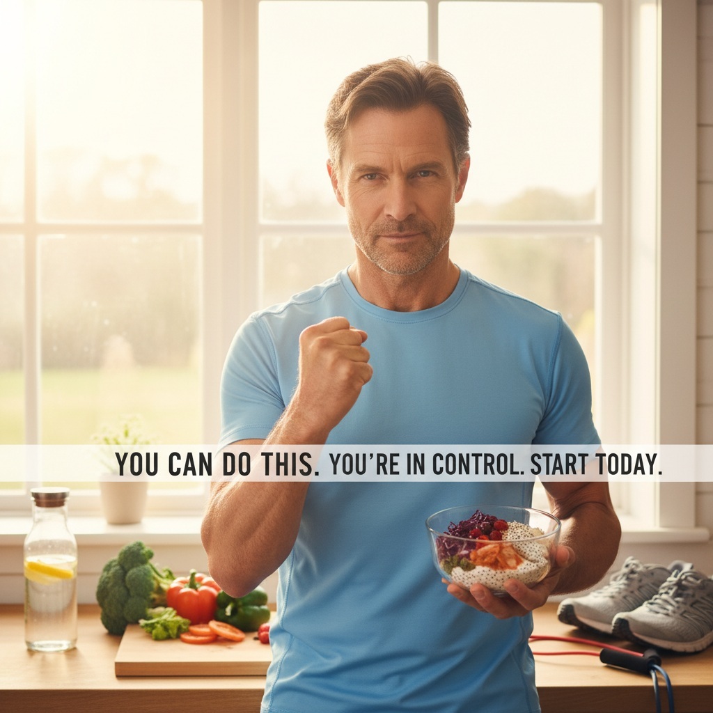 Confident man over 40 empowered to take control of his gut health and testosterone levels through simple daily choices