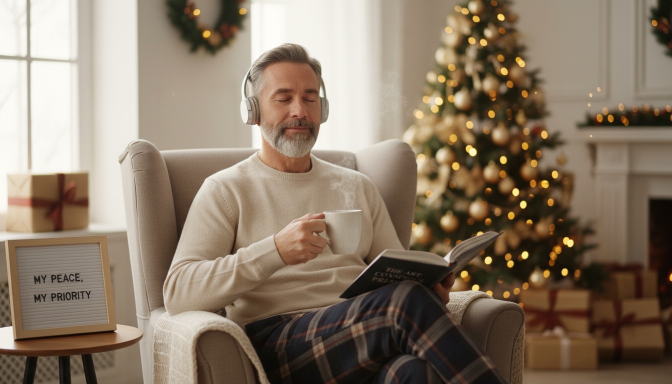 Man in his 40s practicing self-care and setting healthy boundaries during holiday season at home