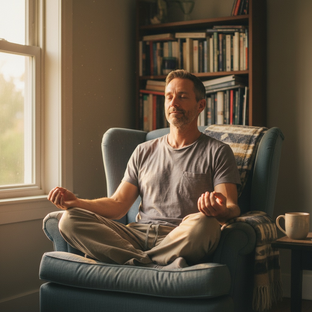 Man in his 40s practicing meditation for beginners at home in comfortable chair with natural lighting
