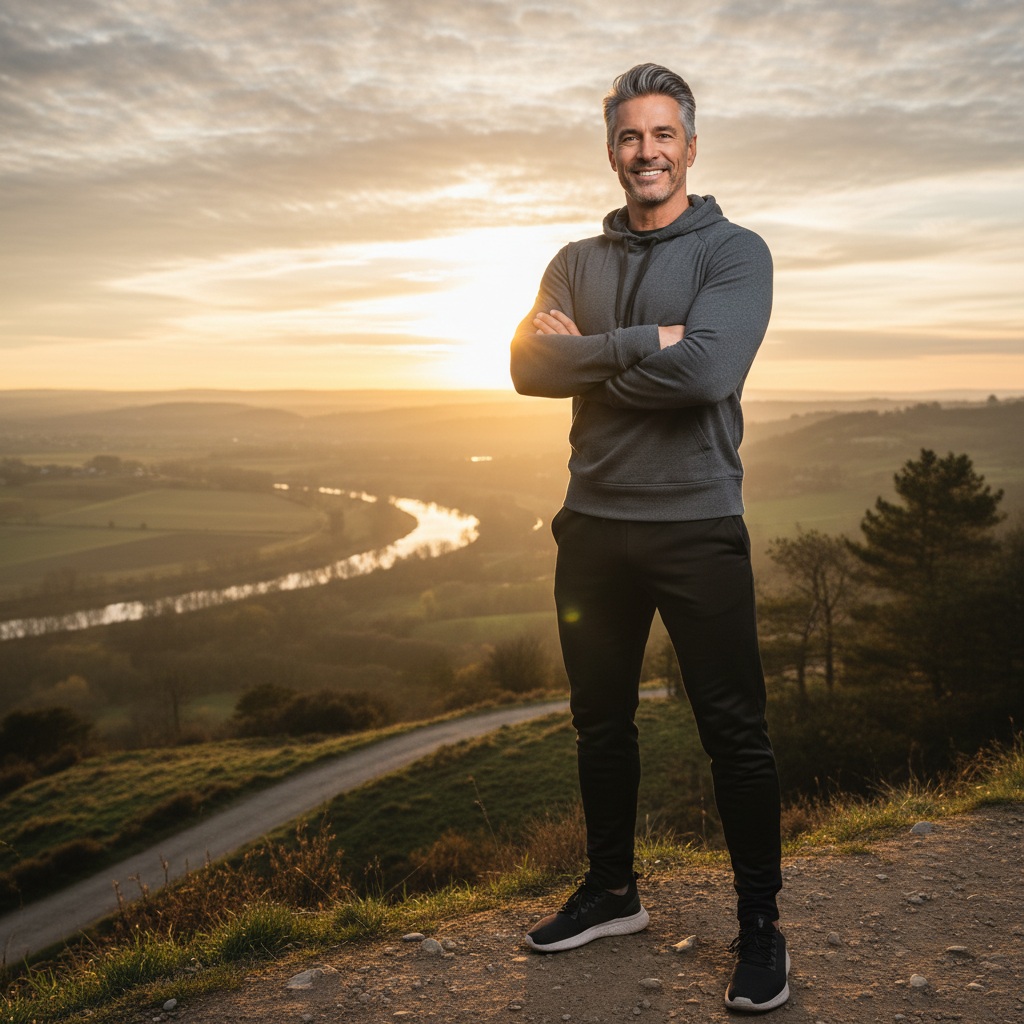 Confident fit man in his late 40s standing outdoors at sunrise, representing successful health transformation and new beginnings after 40