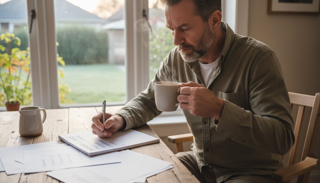 Man in his 40s practicing morning mental reset routine by writing in notebook with coffee at kitchen table