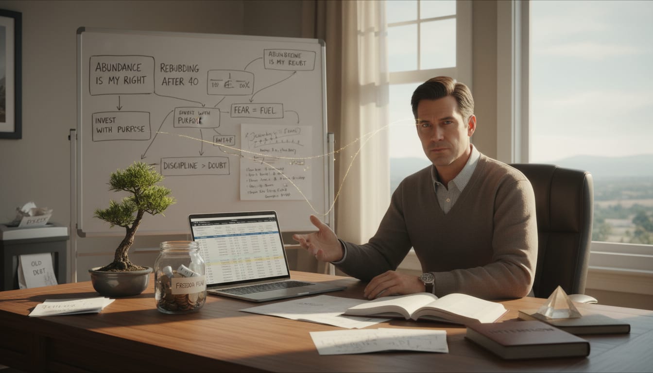 Man in his 40s reviewing financial goals at home desk showing money mindset transformation and wealth building psychology