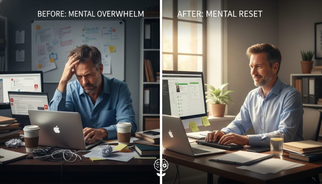Before and after comparison showing stressed professional with cluttered workspace versus calm focused man after 15-minute mental reset