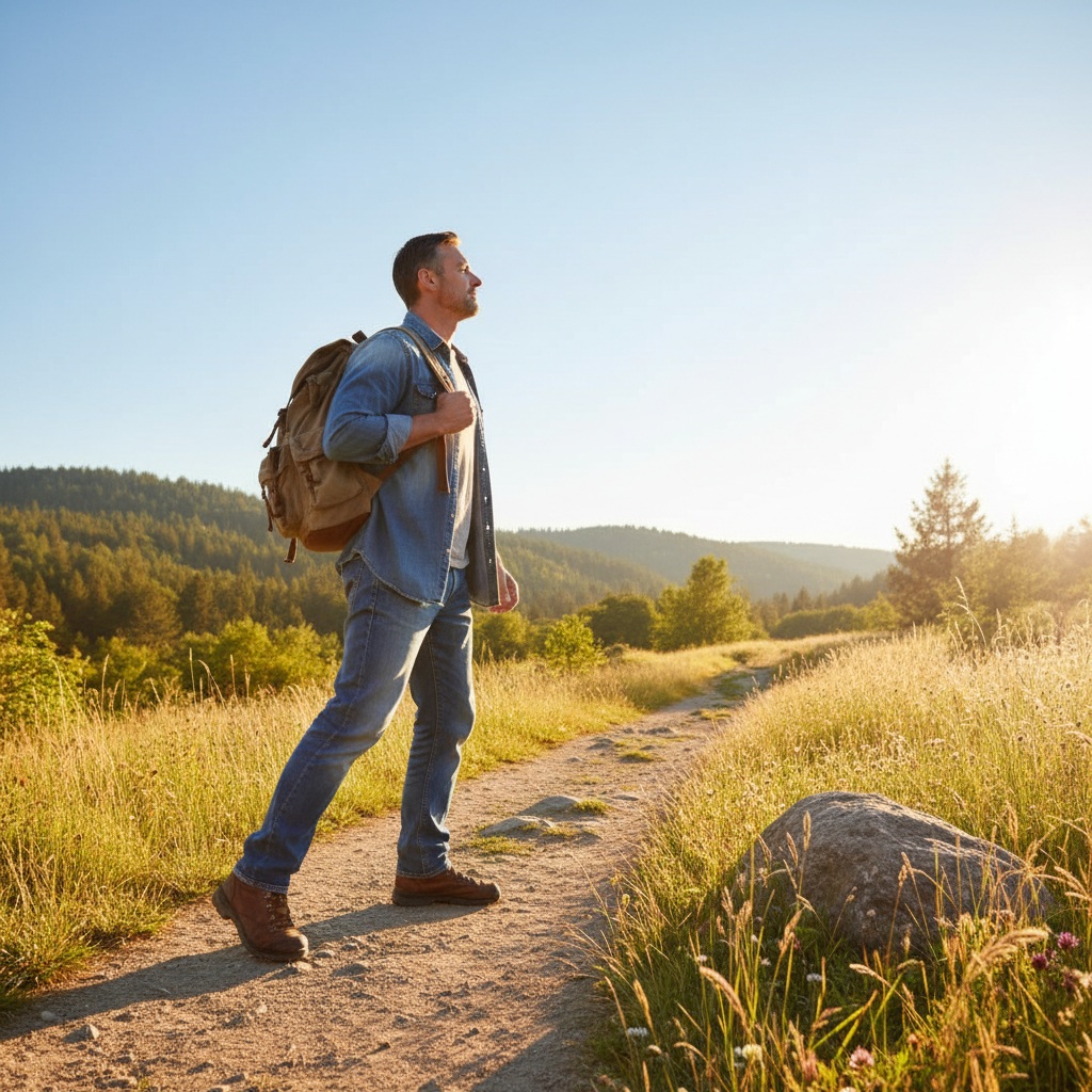 Man in his 40s taking first step forward on a path, symbolizing starting mental reset journey and breaking free from feeling stuck