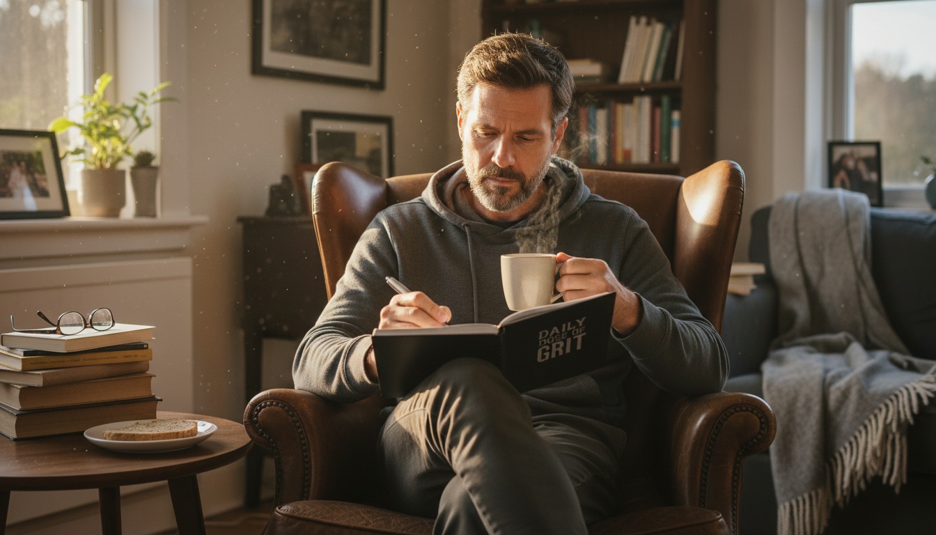 Man in his 40s journaling at home building mental resilience for men over 40 through daily morning routine